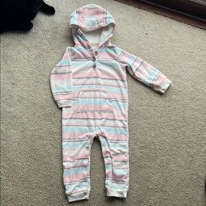 Pink & Blue Striped Hooded Fleece Bodysuit, 24M